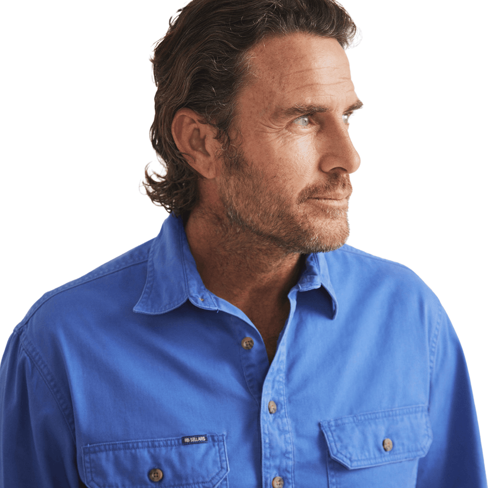 RB Sellars Men's Burton Half Button Mid Weight Work Shirt - Blue