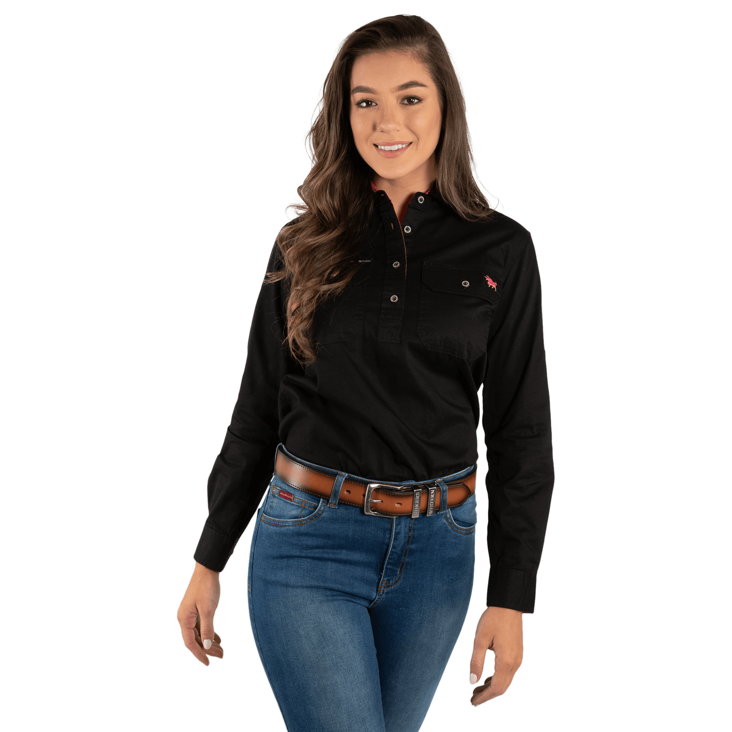 Ringers Western - Women's Pentecost River Half Button Work Shirt - Black / Melon