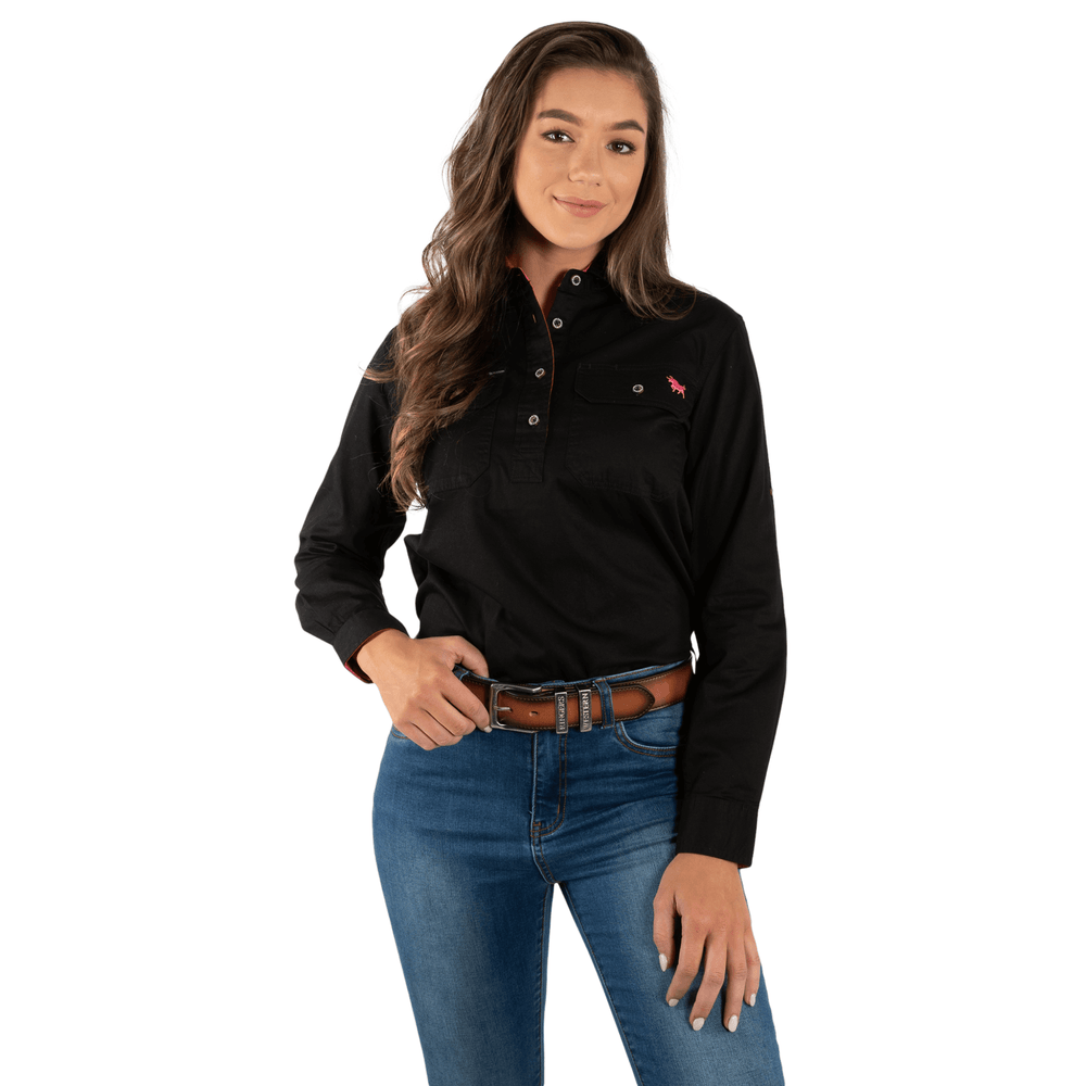 
                  
                    Ringers Western - Women's Pentecost River Half Button Work Shirt - Black / Melon
                  
                