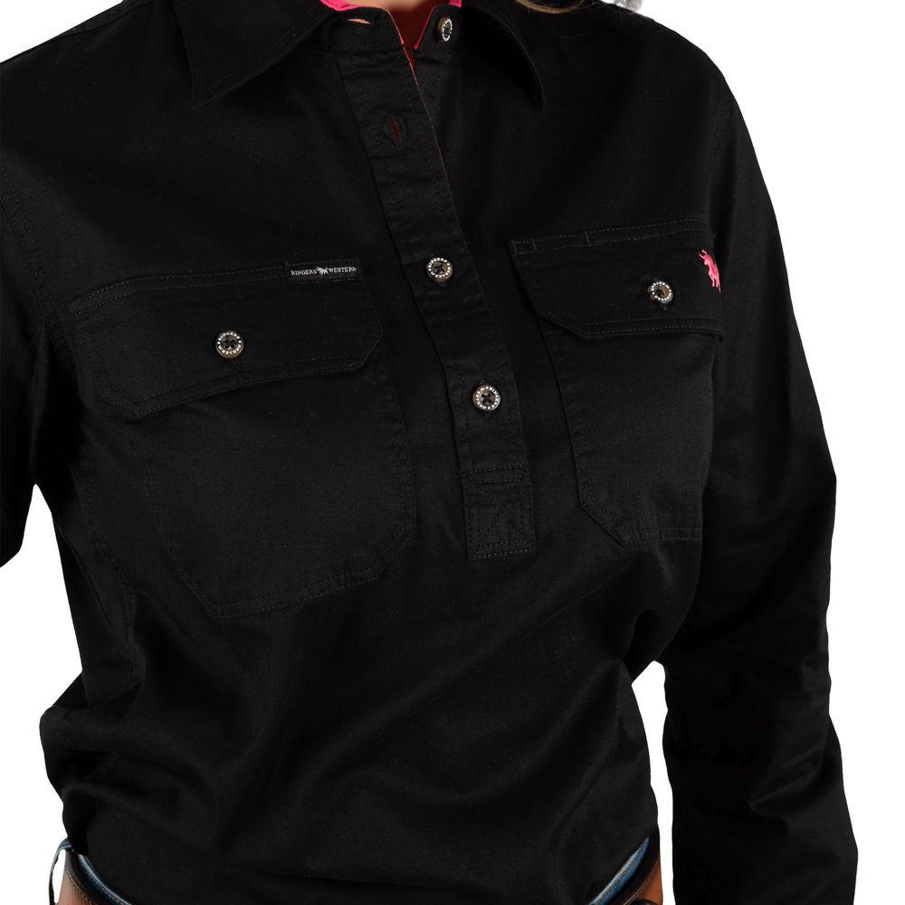 
                  
                    Ringers Western - Women's Pentecost River Half Button Work Shirt - Black / Melon
                  
                