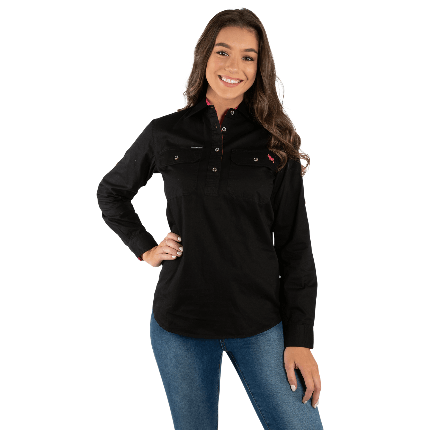 Ringers Western - Women's Pentecost River Half Button Work Shirt - Black / Melon
