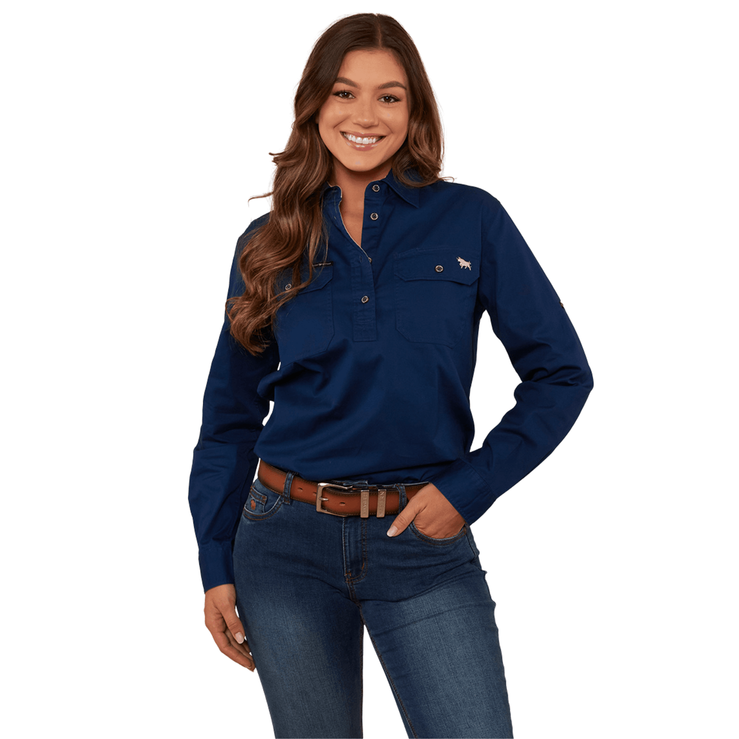 Ringers Western - Women's Pentecost River Half Button Work Shirt - Navy / Pastel Pink