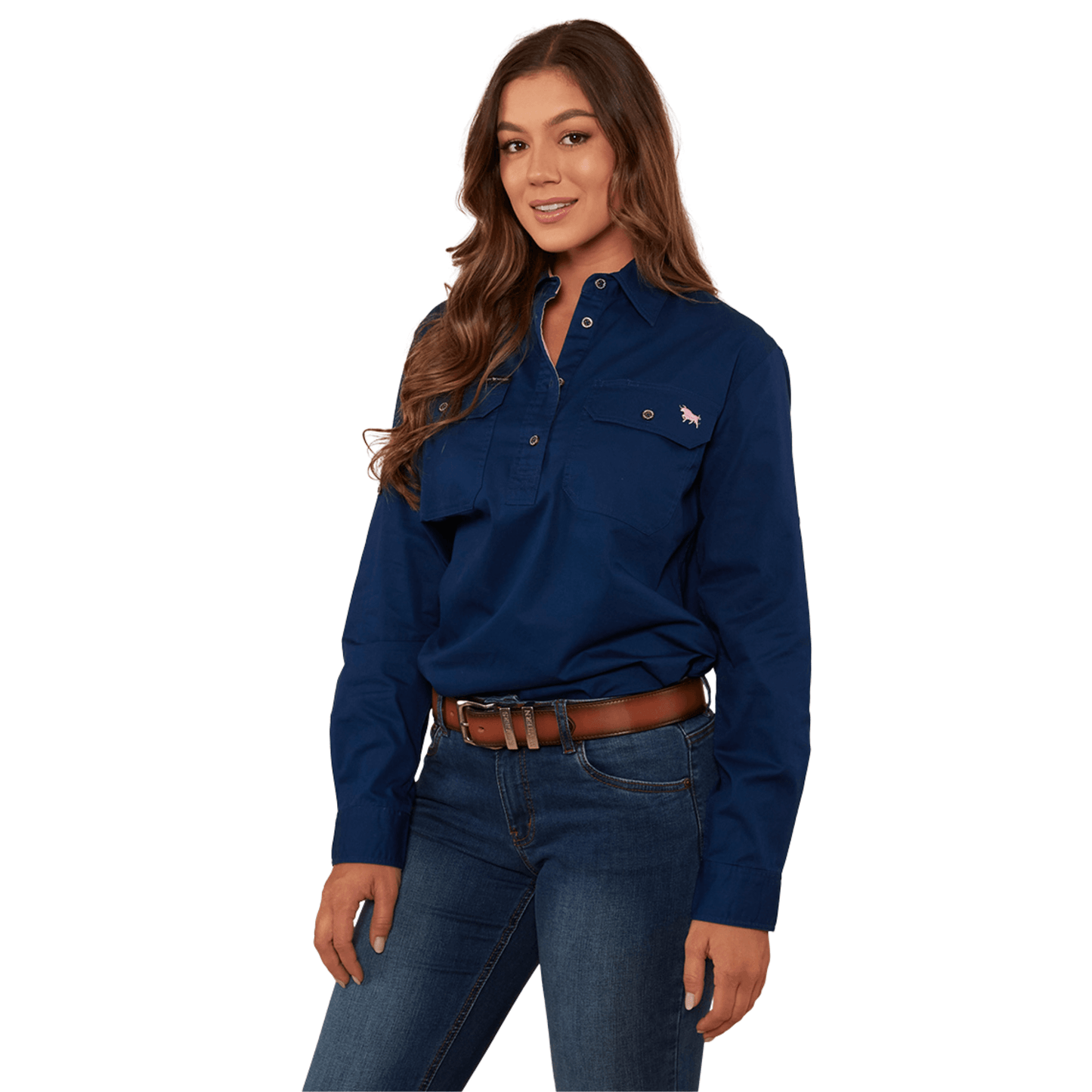 Ringers Western - Women's Pentecost River Half Button Work Shirt - Navy / Pastel Pink