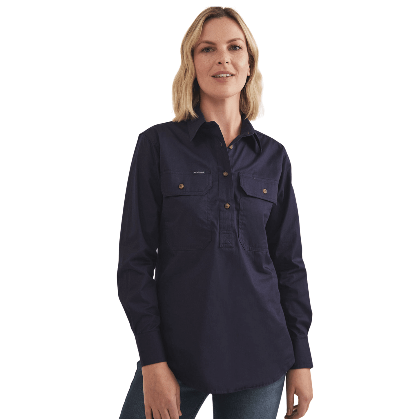 RB Sellars Women's Sandy Half Button Australian Work Shirt - Navy