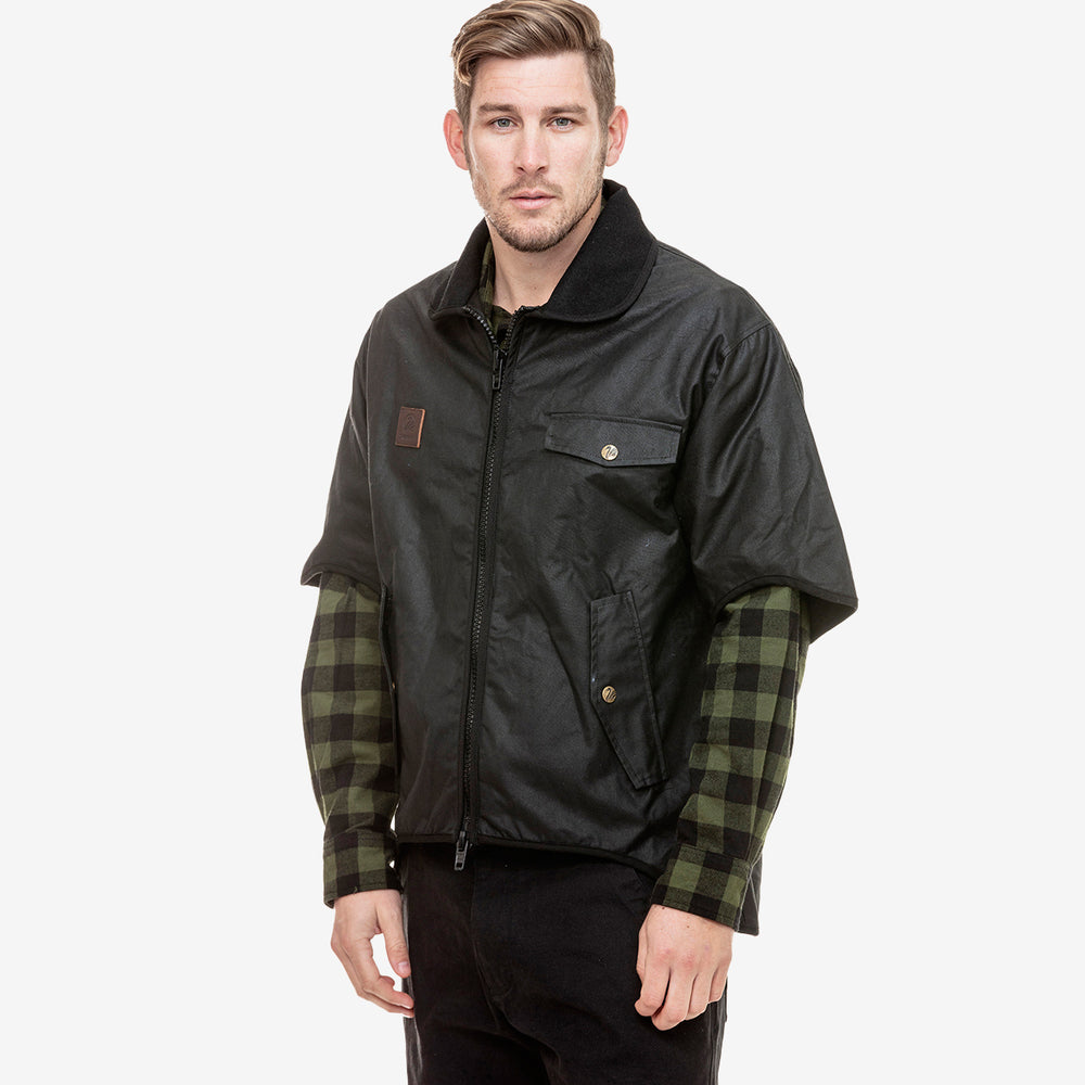 
                  
                    Model wearing the farmers jacket and a shirt underneath
                  
                