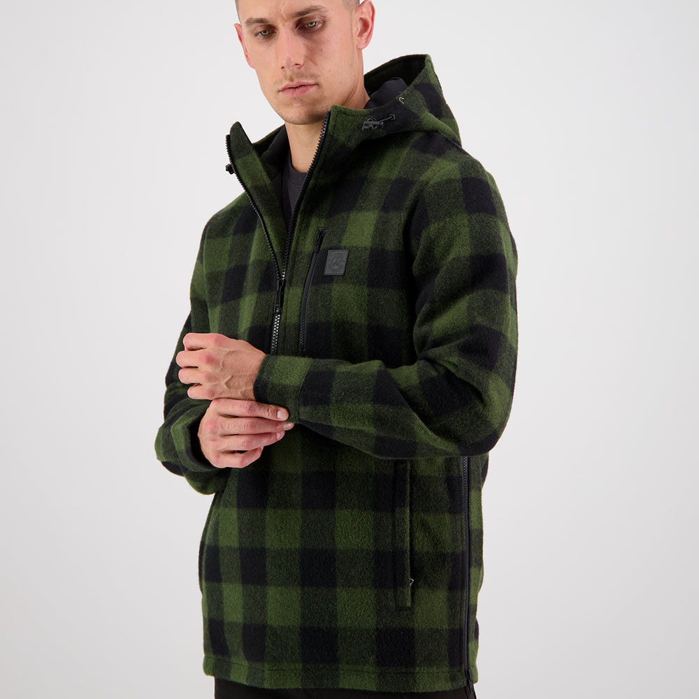 
                  
                    Swanndri clothing worn by a man with the zip open
                  
                